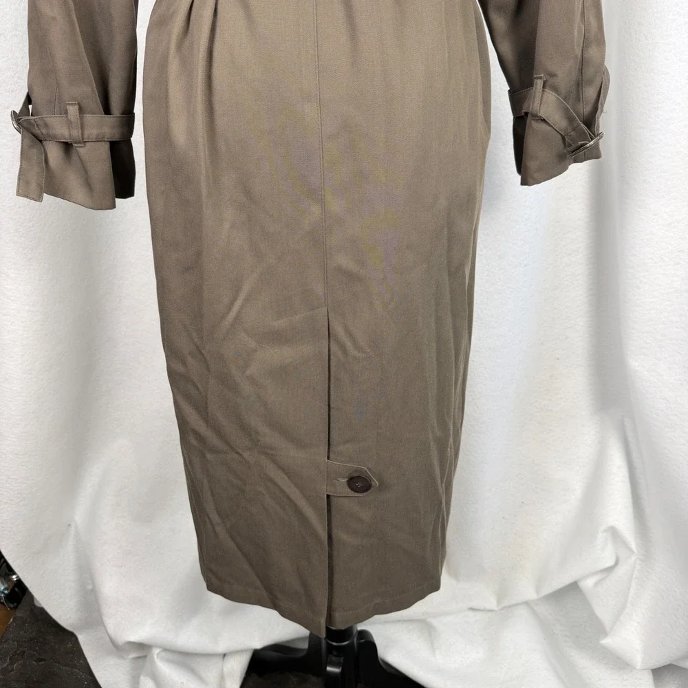 London Fog Trench Coat Womens 8 Petite Double Breasted Belted Olive Green